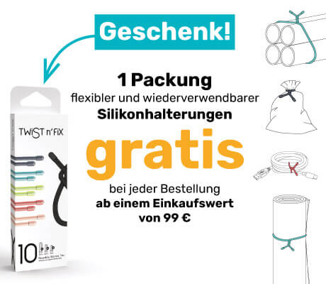1 Packung flexibler und wiederverwendbarer Silikonhalterungen GRATIS ab einem Einkaufswert von 99 €