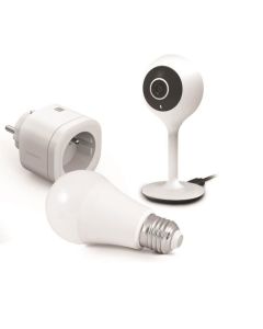 Start Connect Kit Avidsen Home (angeschlossene Steckdose + fest installierte angeschlossene Kamera + angeschlossene Glühbirne).