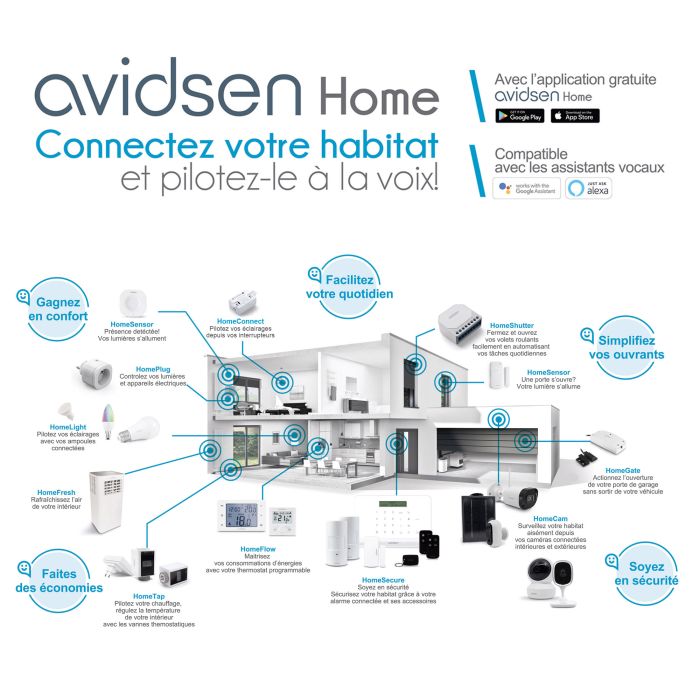 Start Connect Kit Avidsen Home (angeschlossene Steckdose + fest installierte angeschlossene Kamera + angeschlossene Glühbirne).
