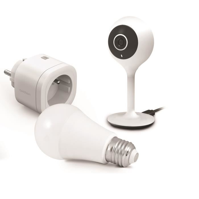 Start Connect Kit Avidsen Home (angeschlossene Steckdose + fest installierte angeschlossene Kamera + angeschlossene Glühbirne).