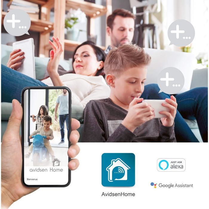 Start Connect Kit Avidsen Home (angeschlossene Steckdose + fest installierte angeschlossene Kamera + angeschlossene Glühbirne).