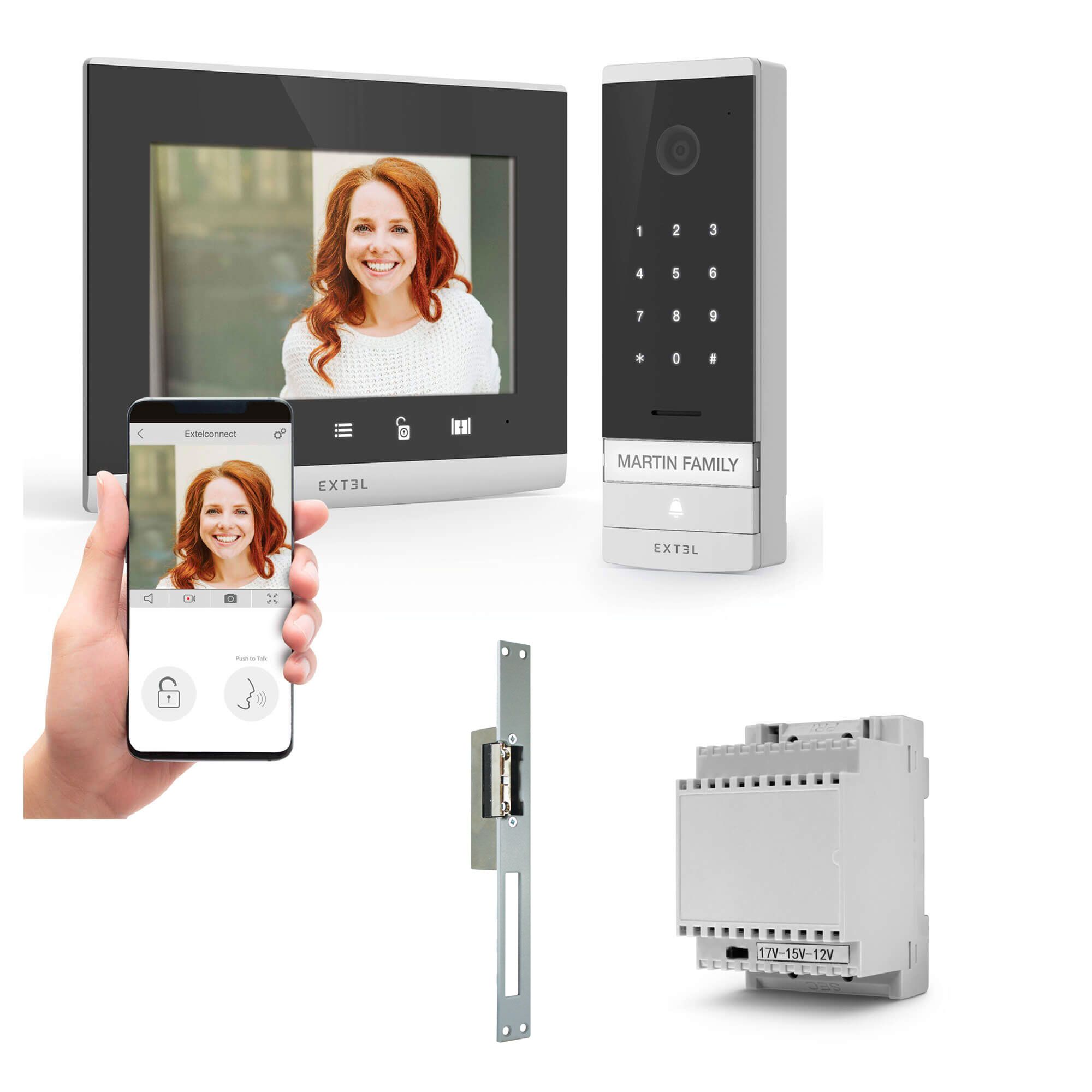 Kabelgebundenes und vernetztes Gegensprechanlagen-Set Extel Connect mit modularem Transformator und elektrischem Türöffner