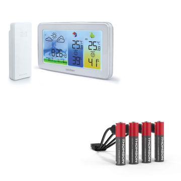 Farbige Wetterstation im Querformat mit Hintergrundbeleuchtung + 4 wiederaufladbare AAA/LR03-Batterien