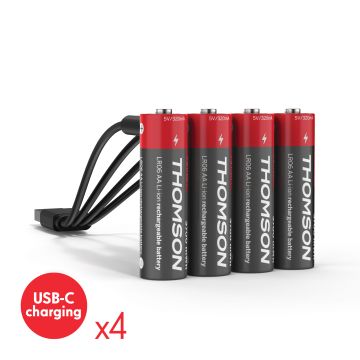 Satz mit 4 AA / LR06 Li-Ion 1.5V USB-C Akkus mit Multi-USB-Kabel - 520300 - Thomson