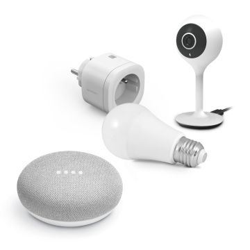 Start Connect Kit Avidsen Home (Kamera + Stecker + angeschlossene Glühbirne) Google Home Mini + angeschlossene Steckdose + fest installierte angeschlossene Kamera + angeschlossene Glühbirne.